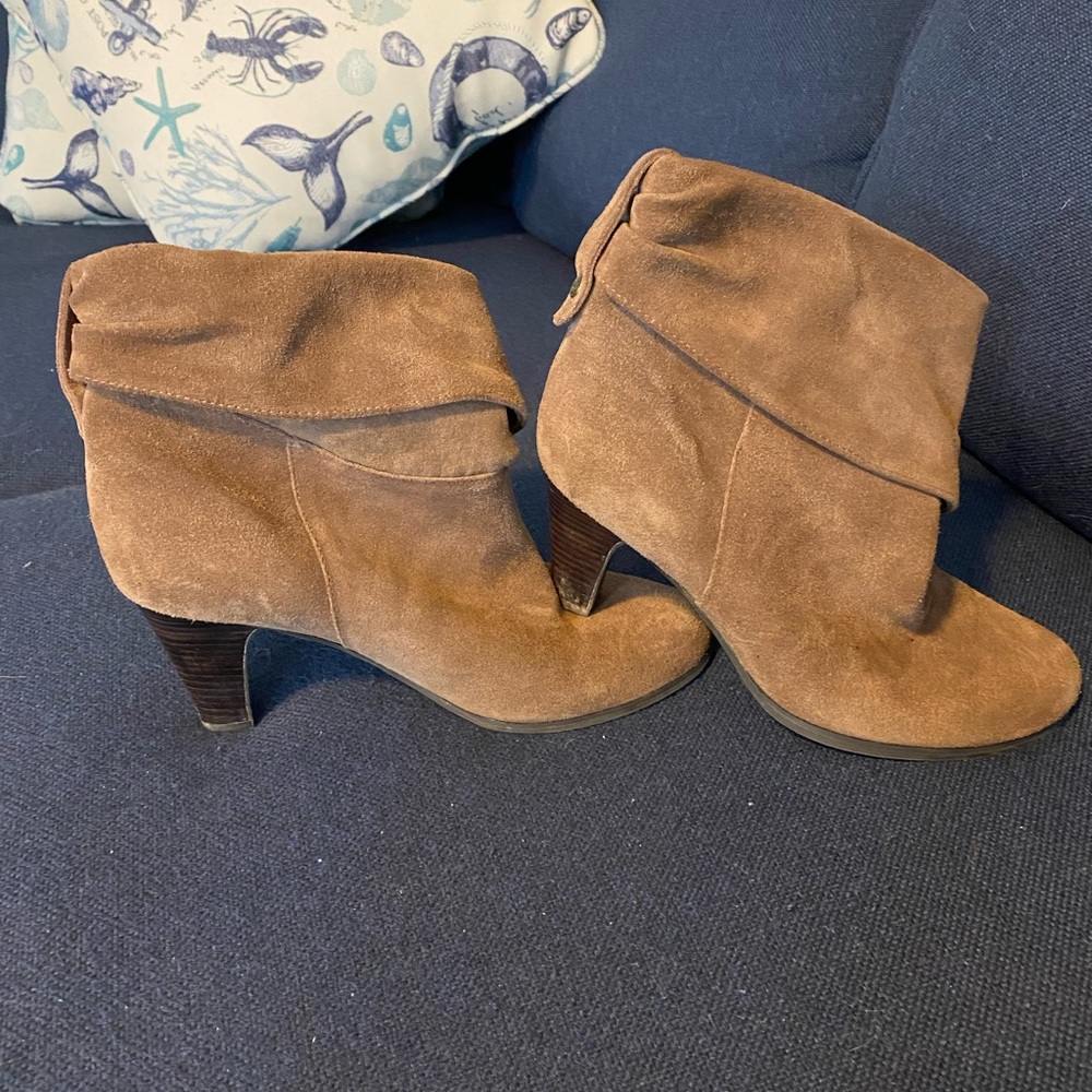 BCBG Suede Heeled Booties. Used. Tan color. Size 8.5B. Please see photos.